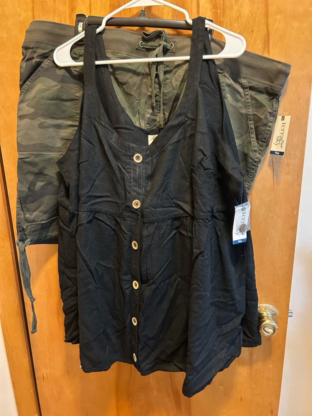NWT Women’s Black Button-Front Sleeveless Top and camo shorts